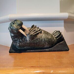 Wolf Originals Carved Soapstone Walrus Sculpture on Base Native Inuit Canada